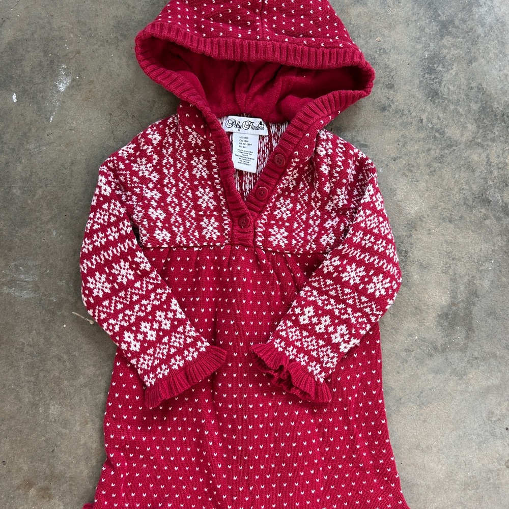 Red and White Hooded Knit Sweater Dress